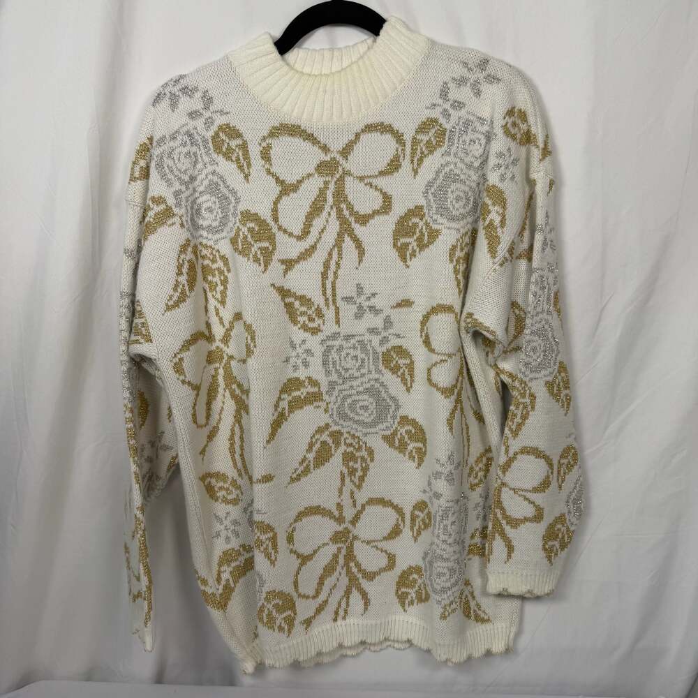 Vintage Dana Scott Metallic Floral Bow Sweater Size Medium